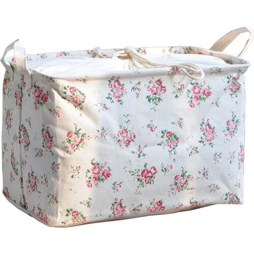 Cotton and Linen Dot Stripe Flower Picnic Laundry Storage Basket with Cover Large Capacity Dirty Clothes Kids Toys Organizer