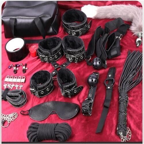 Leather Bondage BDSM Sex Toy Handcuffs Whip Nipples Clip Blindfold Mouth Gag Adult Sex Toys Kit Bondage Flirt Games For Couples