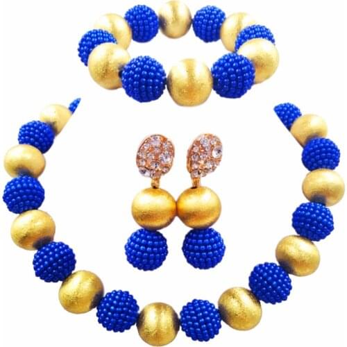 Beautiful costume necklace african set royal blue and gold nigerian beads jewelry set
