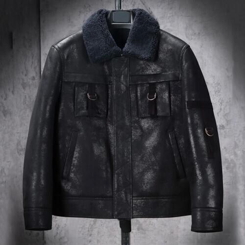 New Mens B3 Shearling Jacket Short Fur Coat Black Leather Jacket Bomber Jacket Fashion Motorcycle Jacket