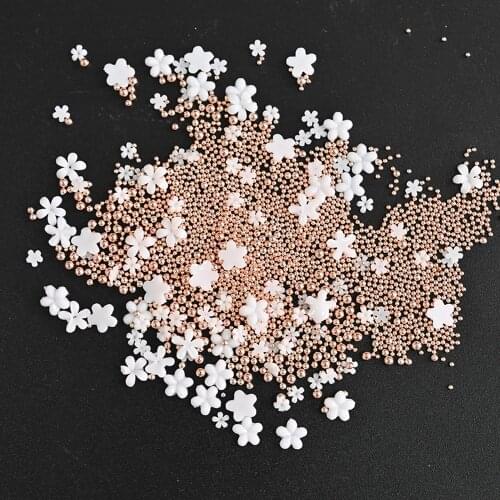 1Bag Mix Size Metal Bead Nail Art Decoraion 3D Gold/Silver Mini Round Ball With White Flower Charms DIY Manicure Accessories PV