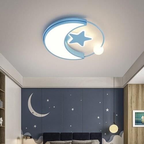 Minimalist Modern Blue Pink Star Moon LED Ceiling Lamp for Bedroom Living Dining Kid Play Room Aisle Decorative Light Fixture