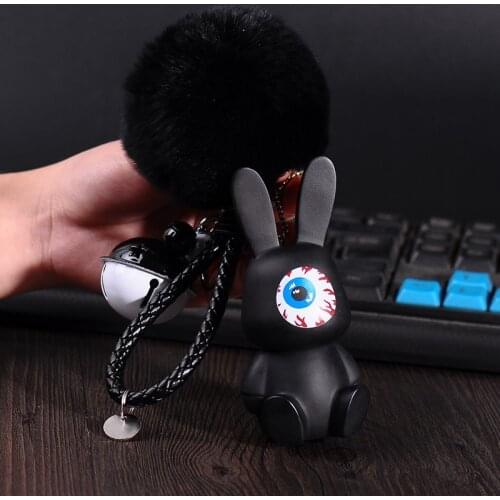 New Fashion Cartoon rabbit keychains with fluffy rabbit fur ball Bells key chain Women Girls bag pendant car keyring charm gifts