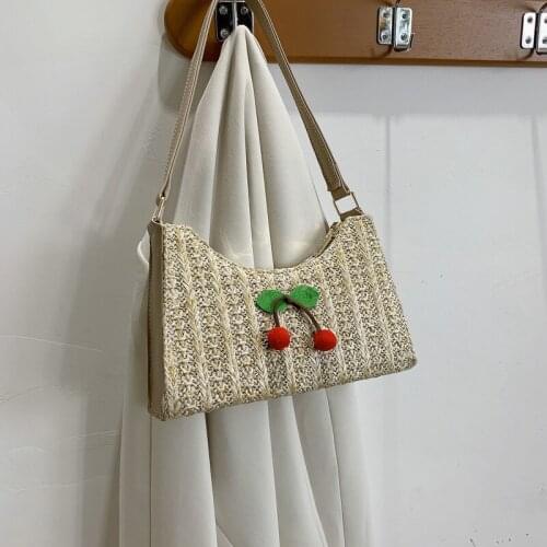 Women Woven Bag 2021 New Straw Girl Cherry Shoulder Bag Simple Western Style Messenger Bags Casual Female Handbags Crescent Pack