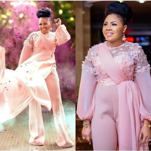 Pink 3D Floral Evening Jumpsuit with Train 2020 African Nigerian Long Sleeve Plus Size Chiffon Prom Gowns with Pant Suit