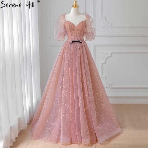 Serene Hill Pink Glitter Sexy Evening Dresses Gowns 2021 A-Line Puff Sleeves Lace Up For Women Party LA70914