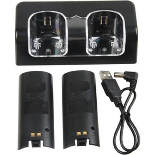 OSTENT Black Charger Dock Station + 2 Battery Packs for Nintendo Wii Remote Controller
