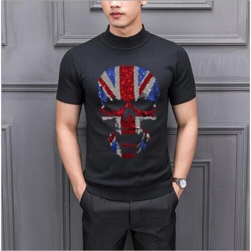 Rhinestones O-neck Knitted Skull Sweater Men Autumn Fashion Causal short Sleeve Slim Fit Pullovers Male