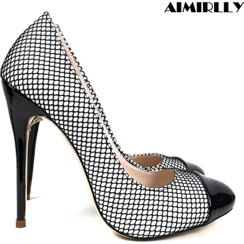Womens Round Toe High Heels Pumps Evening Party Clubwear Female Shoes Black Mesh Ladies Sexy Heels Slip On