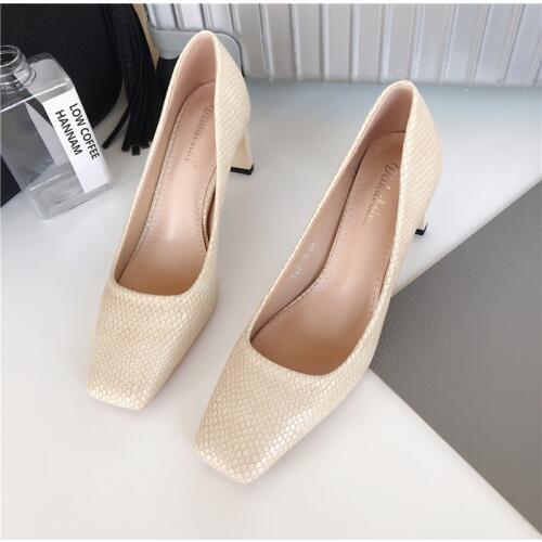 Autumn Fashion Women Pumps Snake Printed Ladies Thick High Heels Square Toe Pumps Shallow Slip On Office Work Shoes Woman 39