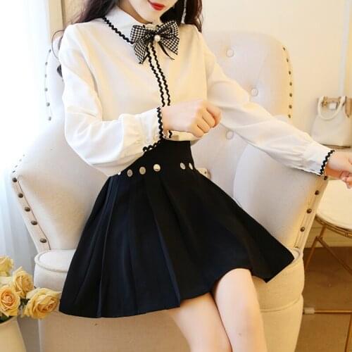 2020 Spring Fall Korean high-end bow tie Shirt and High waist Pleated Mini Skirt Two-piece set Women OL Casual Suit