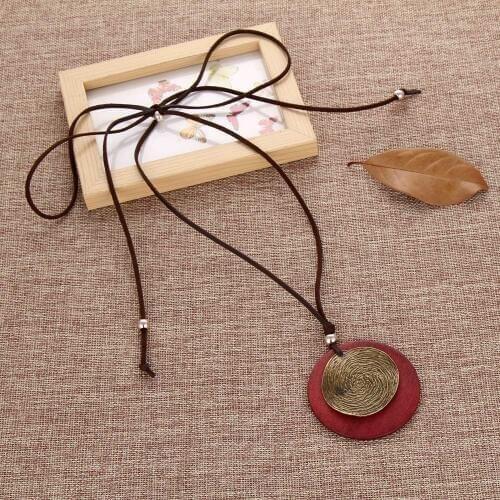 Vintage Double Circle Long Necklace Fashion Bohemia Jewelry Adjustable Brown Leather Rope wooden Necklaces Women Sweater Chains