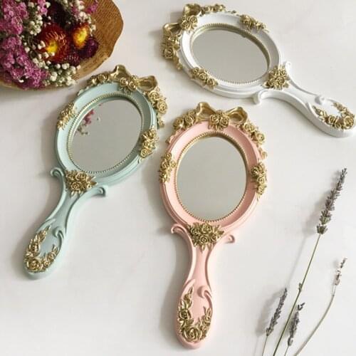 Y1UF European Style Vintage Handheld Roses Mirror Princess Women Girls Oval Vanity Makeup Cosmetic Tool with Anti-Slip
