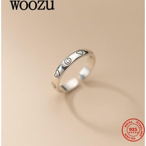 WOOZU Genuine 925 Sterling Silver Cute Smile Face Love Heart Open Finger Rings For Women Charm Wedding Engagement Jewelry Gift