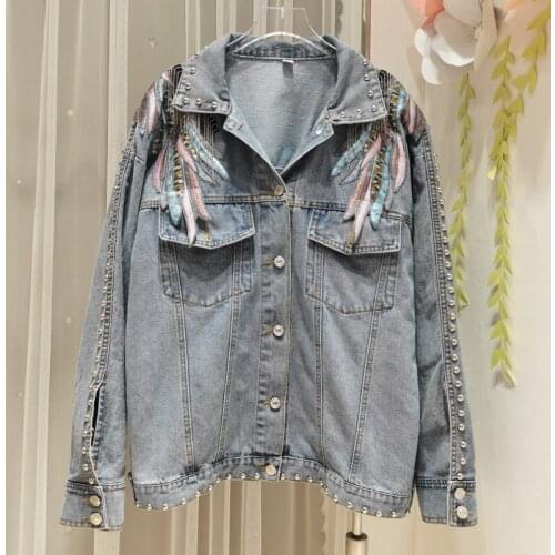 YYCZF Rivet Wings Coats Women Casual Embroidered Denim Jacket Sprint Denim Coat Jackets For Women Long Sleeve Chaqueta Mujer