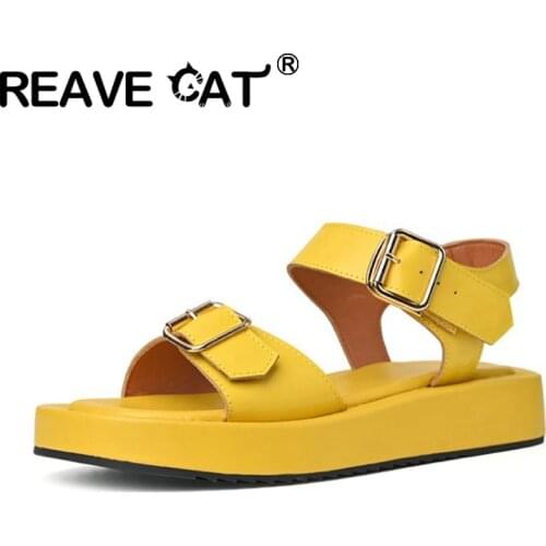REAVE CAT 2021 Causal Soft Genuine Leather Flat Sandals Buckle Strap Open Toe Platforms Thick Sole US9 Black Yellow Beige A4357