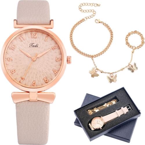 Ladies Watch Bracelet Gift Set Women Solid Color Quartz Leather Watch Butterfly Hand Chain With Rings Birthday Gift Box for Wife