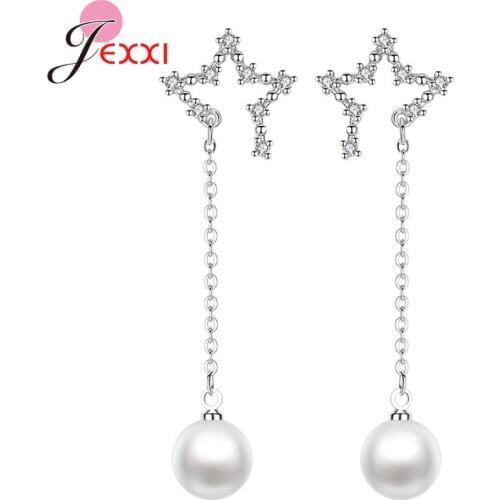 Simple Cubic Zirconia 925 Sterling Silver Pearl Earrings For Women Christmas Party Gift Star Long Shiny Jewelry Dangle Earrings