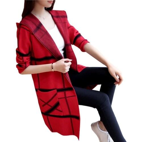 2021 Women Cardigan Coat Spring Autumn Long Knitting Sweater Coat Hooded Plaid Tops Female Loose Knitted Jacket Plus Size C758