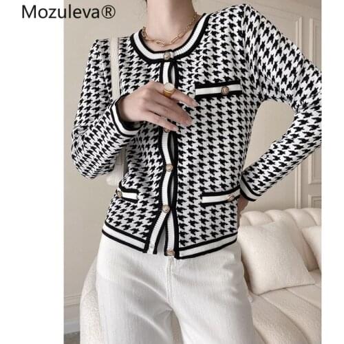 Mozuleva New Knitting Women Sweaters Cardigan Long Sleeve Autumn Winter Plaid Sweater Korean Style Warm Female Cardigan Coat