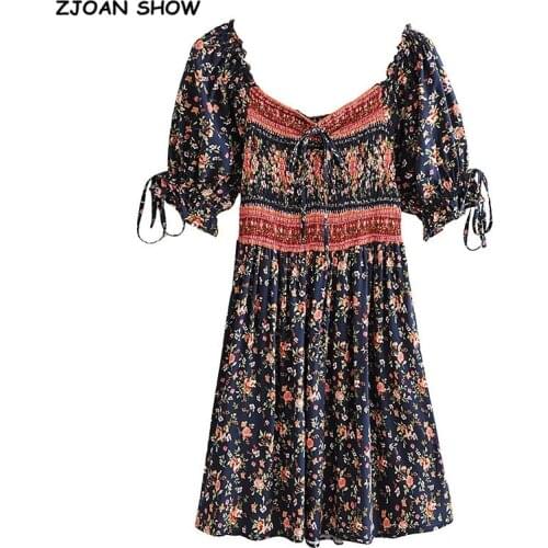 Bohemian Body Elastic Ruched Floral print Women Dress BOHO Holiday Slash Collar Short Puff Sleeve Mini Dresses