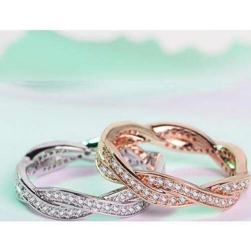 Double Fair Twisted Two Row Tail Ring Micro Cubic Zirconia Rose White Gold Color Wedding Ring For Women Fashion Jewelry KCR233