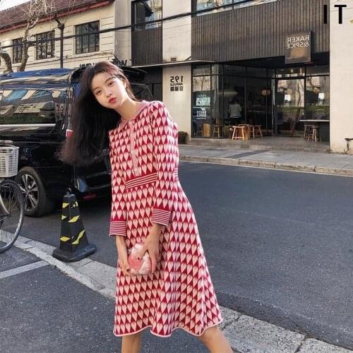 Autumn and Winter Women Knitted Midi-long Dress Long Sleeve Plaid Korean Style 2020 A-Line Geometric Knee-Length Office Lady