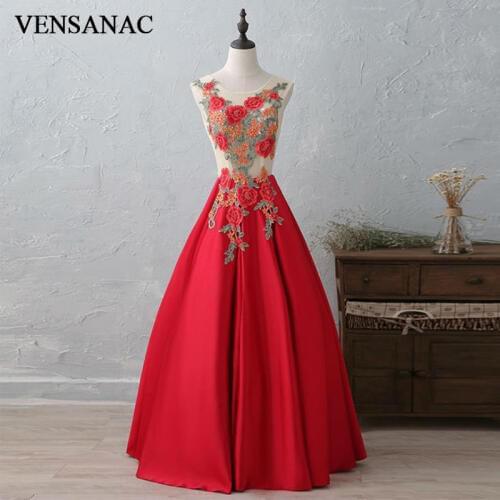 VENSANAC New A Line 2017 Embroidery O Neck Long Evening Dresses Sleeveless Elegant Flowers Embroidery Party Prom Gowns