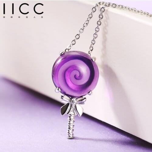 Natural Amethyst Pendant Necklace 925 Sterling silver Lollipop Girl Crystal Womens Cute Fine Jewelry Christmas Birthstone Gift