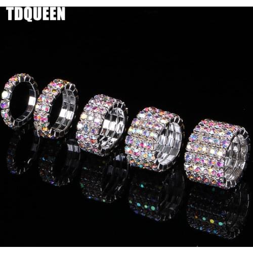 TDQUEEN 1-5 Rows AB Crystal Stone Rings Silver Plated Bridal Wedding Rhinestone Elastic Stretch Rings for Women