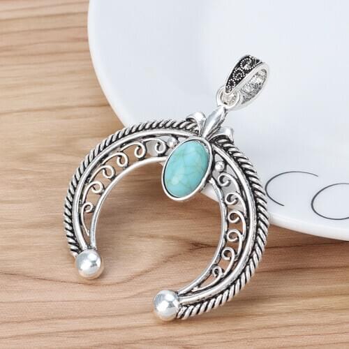 2 Pieces Tibetan Silver Large Double Horn Crescent Moon & Faux Turquoise Stone Charms Pendants for Necklace Jewellery Making