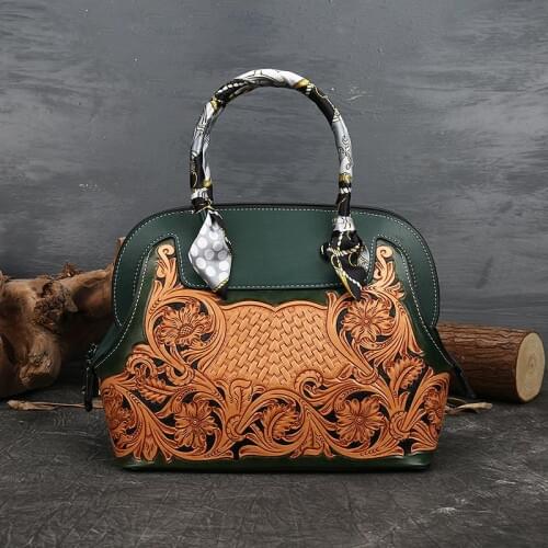 2021 Winter Senior Handmade Genuine Leather Carving Luxury Women Handbag Vintage First Layer Cowhide Embossed Female Tote Bag