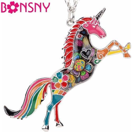Bonsny Enamel Alloy Horse Unicorn Necklace Pendant Chain Collar Choker Novelty Animal Jewelry For Women Girls Gifts Party Charms
