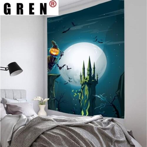 GREN Halloween Castle Pumpkin Moon Tapestry Wall Hanging Covering Rugs Background Cloth Beach Mat Blanket Art Bedroom Home Decor