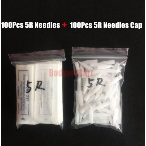 Tattoo Needles 5R and 5R caps Each 100PCS Disposable Sterilized Professional For Tattoo Eyebrow Pen Machine Permanent Makeup Kit