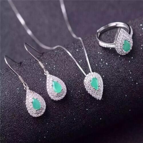 Emerald jewelry set 3mm Princess Cut natural emerald ring earrings necklace pendant solid silver emerald jewelry set