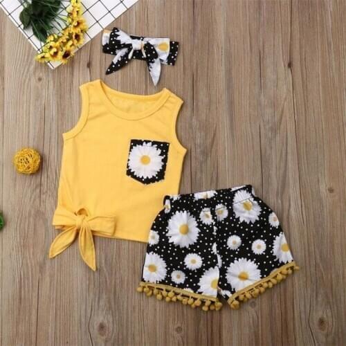 2020 Hot Girls Sunflower Vest Tassel Shorts Three-piece Set