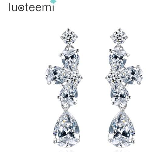 LUOTEEMI Wholesale Fashion Elegant Clear Cubic Zirconia Wedding Earrings for Bridal Women Luxury White Gold-Color Accessories