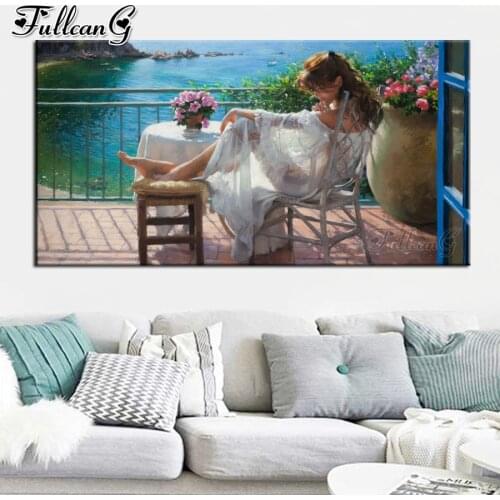 FULLCANG Sea garden girl 5d diy diamond painting cross stitch full square round drill rhinestone embroidery kits decor FG0056