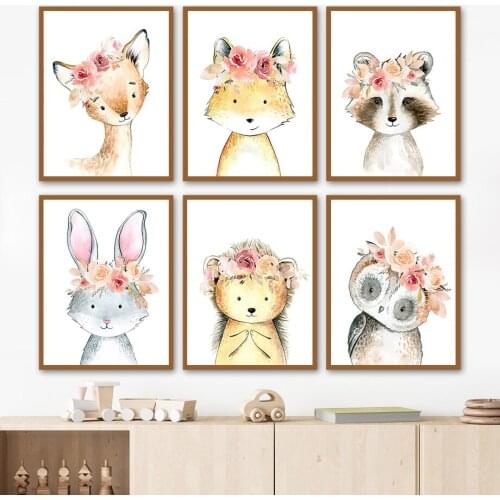 Cartoon Deer Fox Rabbit Raccoon Bear Owl Baby Girl Bedroom Wall Art Print Canvas Painting Nordic Poster Decor Pictures Kids Room