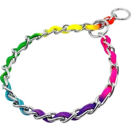 Pet Dog Rainbow Color P Collar Metal Chain Training Choke with and Nylon for Dogs Walking