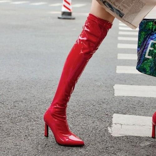 Sexy Red High Heel Stiletto Boots Over The Knee Pointy Toe Skinny Feminine Long Boots Patent Leather Spring Autumn Shoes Size 10