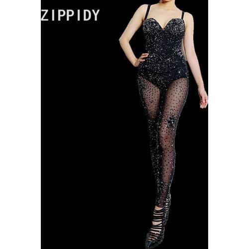 Full Black Rhinestones Flashing See Through Jumpsuit Birthday Celebrate Outfit Women Dance Show Singer Bodysuit Mesh Leggings