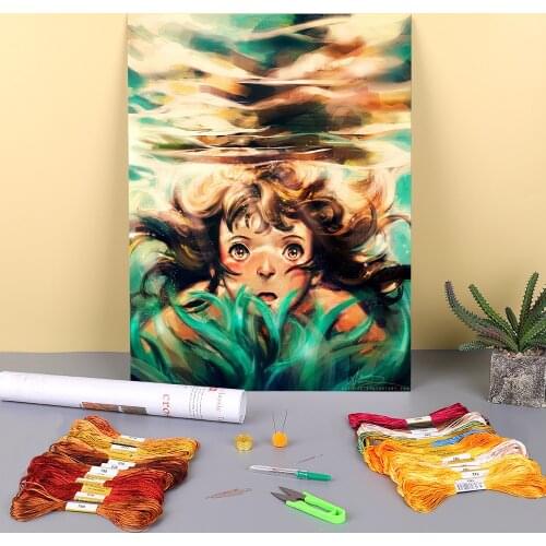 Portrait The River Printed Water-Soluble Canvas 11CT Cross-Stitch Embroidery Patterns DMC Threads Handiwork Painting Decor