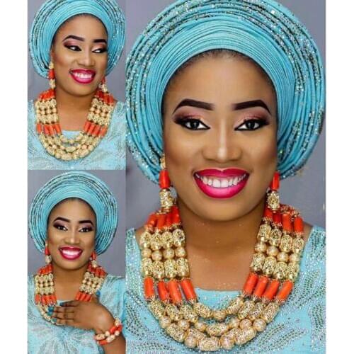 Luxury Dubai Gold Jewellery Set Nigerian Wedding Coral Necklace Earrings Set for Brides Gift Free Shipping CNR685