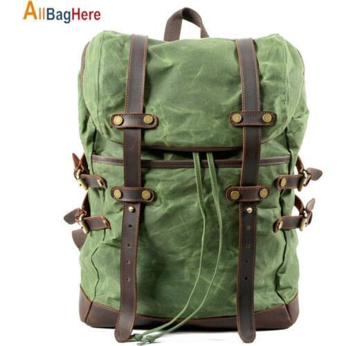 Waxed Canvas Leather Men Backpack Vintage School Military Backpack Male Outdoor Large Capacity Waterproof Laptop Travel Rucksack
