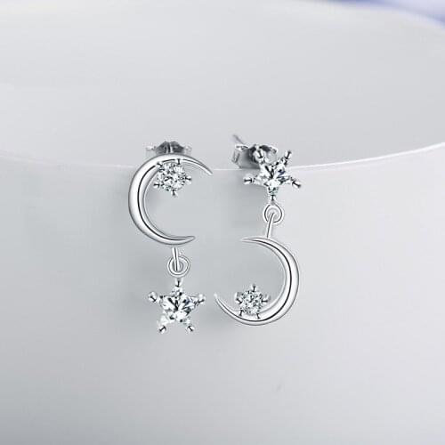 925 Sterling Silver Color Earrings for Women Asymmetric Star Moon AAA Cubic Zircon Stone Earring Wedding Engagment Women Jewelry