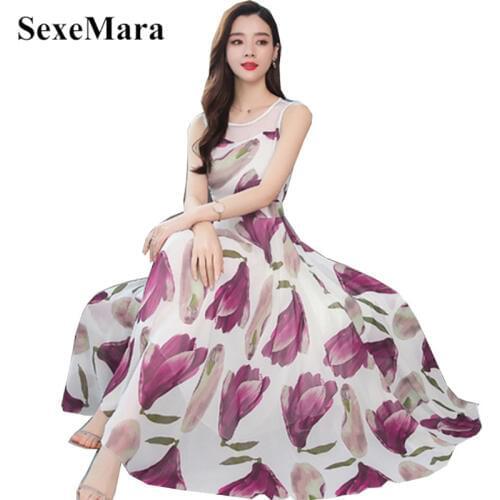Chiffon Dress Korean Fashion O-Neck sleeveless Mesh Stitching Chiffon Print Waist Slimming Long Paragraph Holiday Beach Sundress