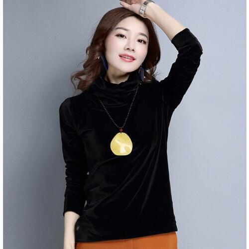 Spring Long Sleeve Tops Velour Women Autumn Elegant Slim Turtleneck T shirt Black XXL Aestheic Solid T-shirt Female Clothes