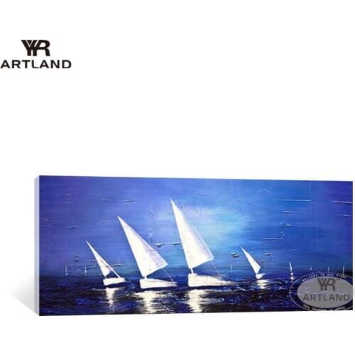 YYR-ARTLAND Christmas home decoration Handmade oil painting on canvas sailboats on blue sea scenery hanging picture for room